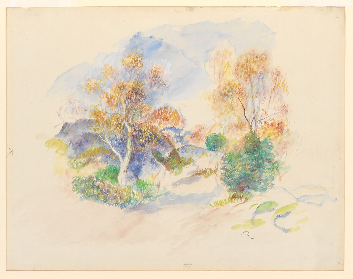 Landscape with a Path between Trees, Auguste Renoir (French, Limoges 1841–1919 Cagnes-sur-Mer), Watercolor with touches of white gouache on wove paper 