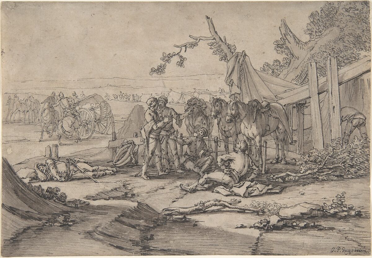 Cavalry Men at Rest, Georg Philipp Rugendas (German, Augsburg 1666–1743 Augsburg), Pen and gray ink, brush and brown wash 