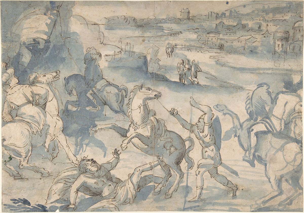 The Conversion of St. Paul, Melchior Bocksberger (Austrian, Salzburg ca. 1530–1587 Regensburg), Pen and brown ink, brush and blue watercolor 