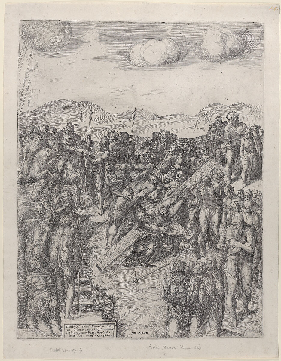 The Crucifixion of Saint Peter, after Michelangelo's frescoes in the Pauline Chapel, Vatican Palace, Michele Lucchese (Italian, active Rome, 1534–64), Etching and engraving