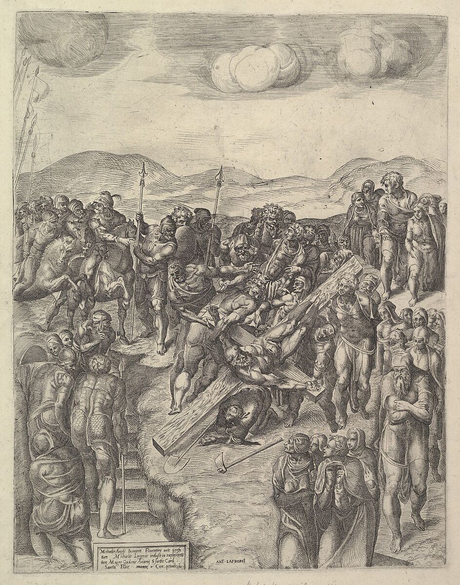 The Crucifixion of Saint Peter, after Michelangelo's frescoes in the Pauline Chapel, Vatican Palace, Michele Lucchese (Italian, active Rome, 1534–64), Etching and engraving 