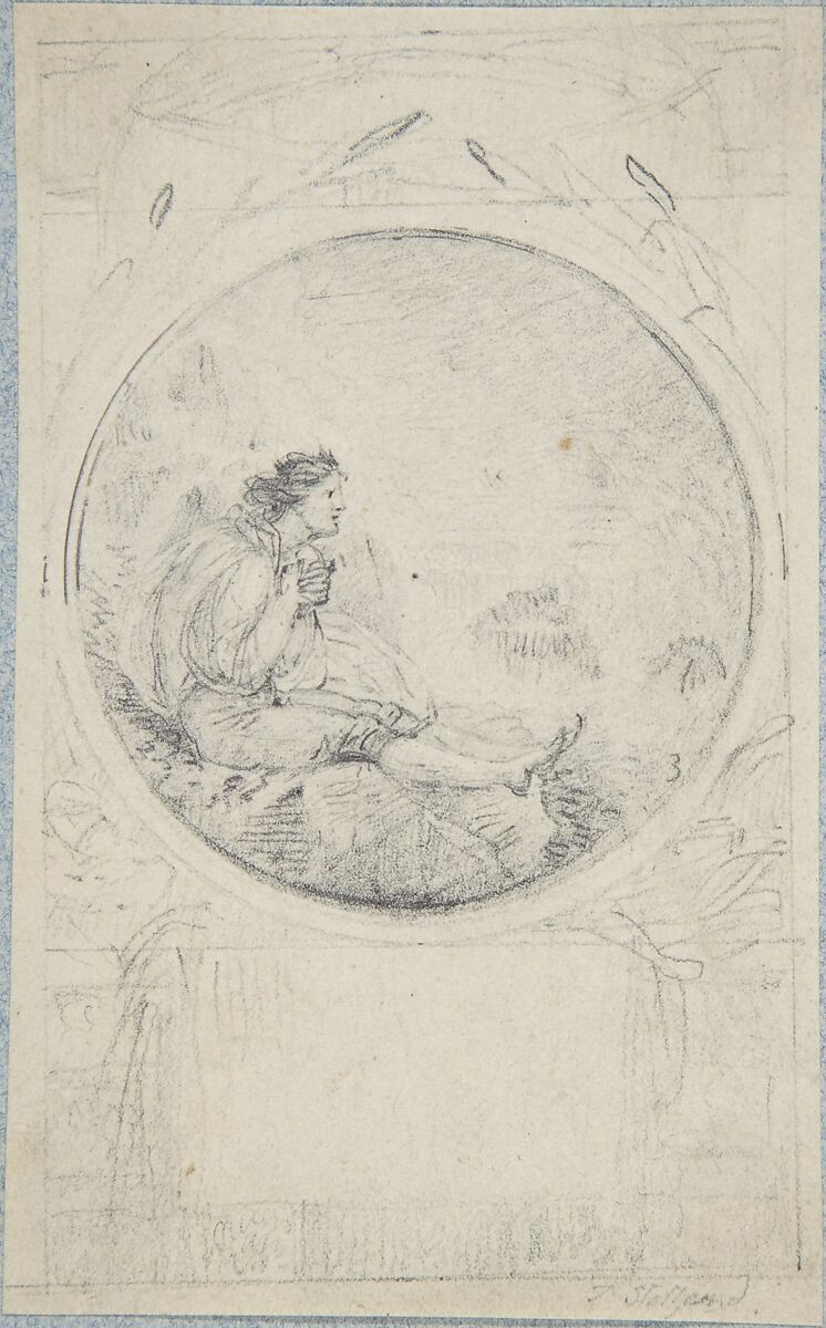Seated man in circular medallion (design for a book illustration), Attributed to Thomas Stothard (British, London 1755–1834 London), Graphite 
