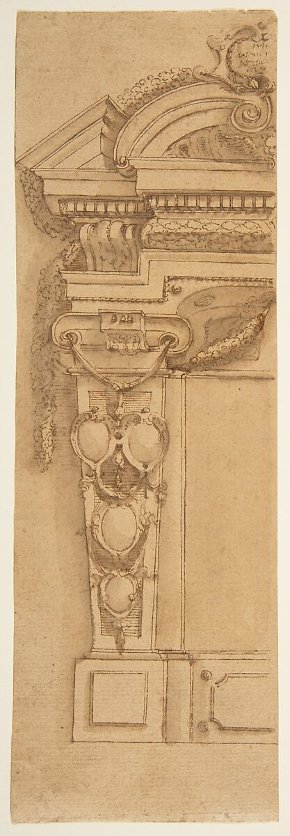 Architectural Design Presenting Two Alternate Solutions (in two fragments), Anonymous, Italian, 17th century, Pen and brown ink, brush and brown wash over leadpoint 