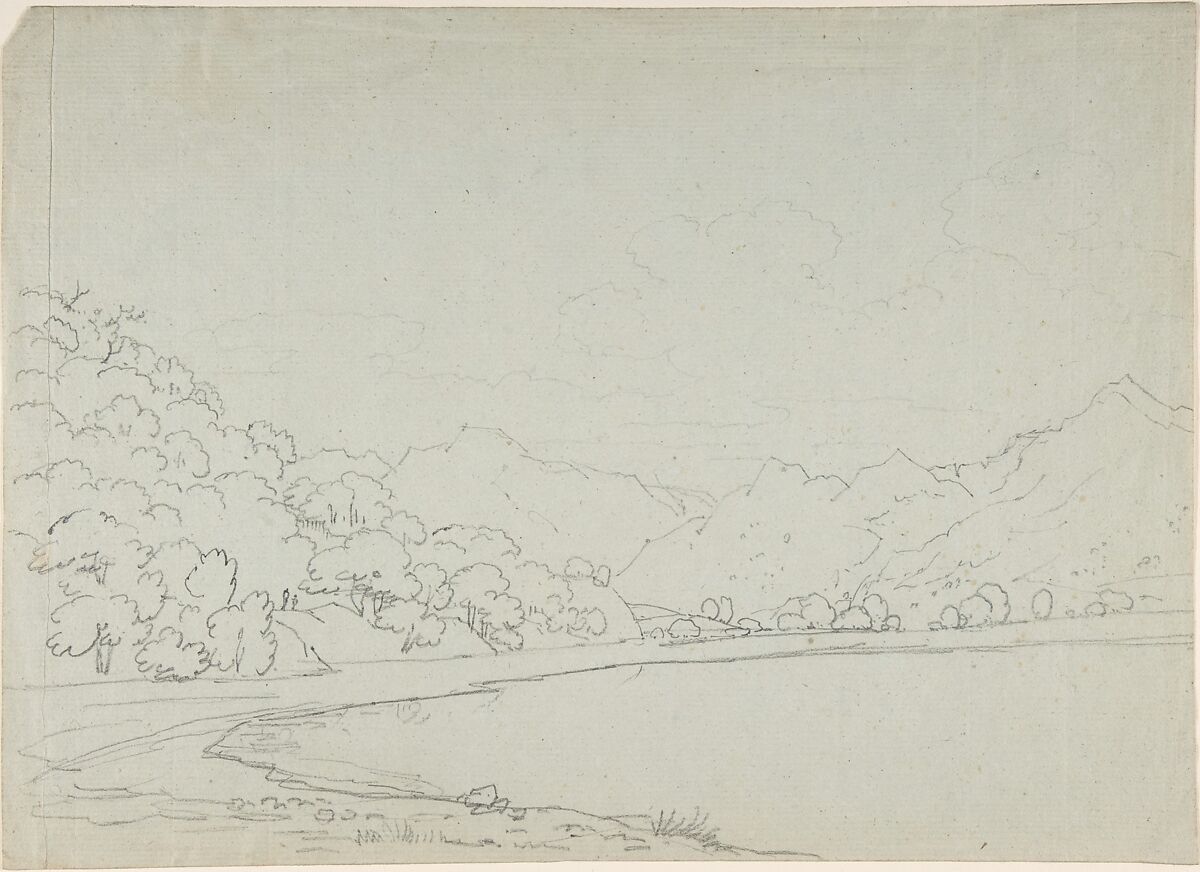 On Brother's Water, Thomas Sunderland (British, Whittington Hall, Lonsdale 1744–1828 Littlecroft), Black chalk or graphite on blue paper 