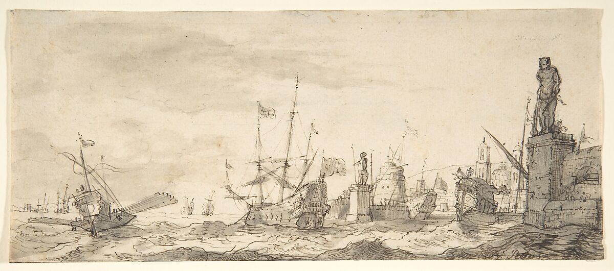 Capriccio View of a Mediterranean Port, Bonaventura Peeters I (Flemish, Antwerp 1614–1652 Hoboken), Graphite, pen and brown ink, brush and gray ink 