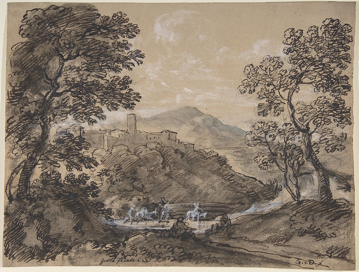 Hilly Landscape with Travellers, Johann Georg von Dillis (German, Grüngiebing 1759–1841 Munich), Black chalk, pen and brown and black ink, brush and gray ink, heightened with white body color on beige paper 