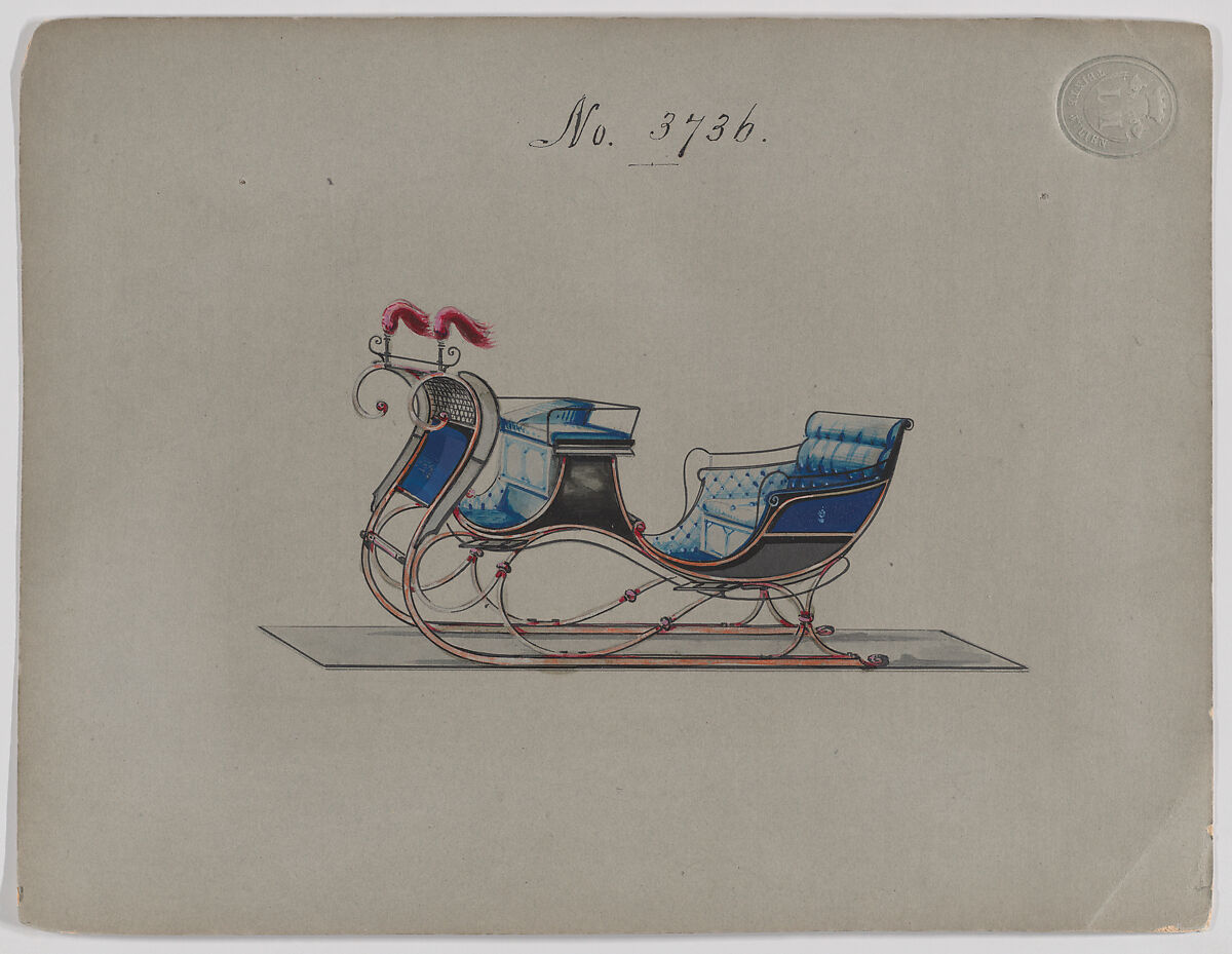 Design for Victoria Sleigh, no. 3736, Brewster &amp; Co. (American, New York), Pen and black ink, watercolor and gouache with gum arabic 