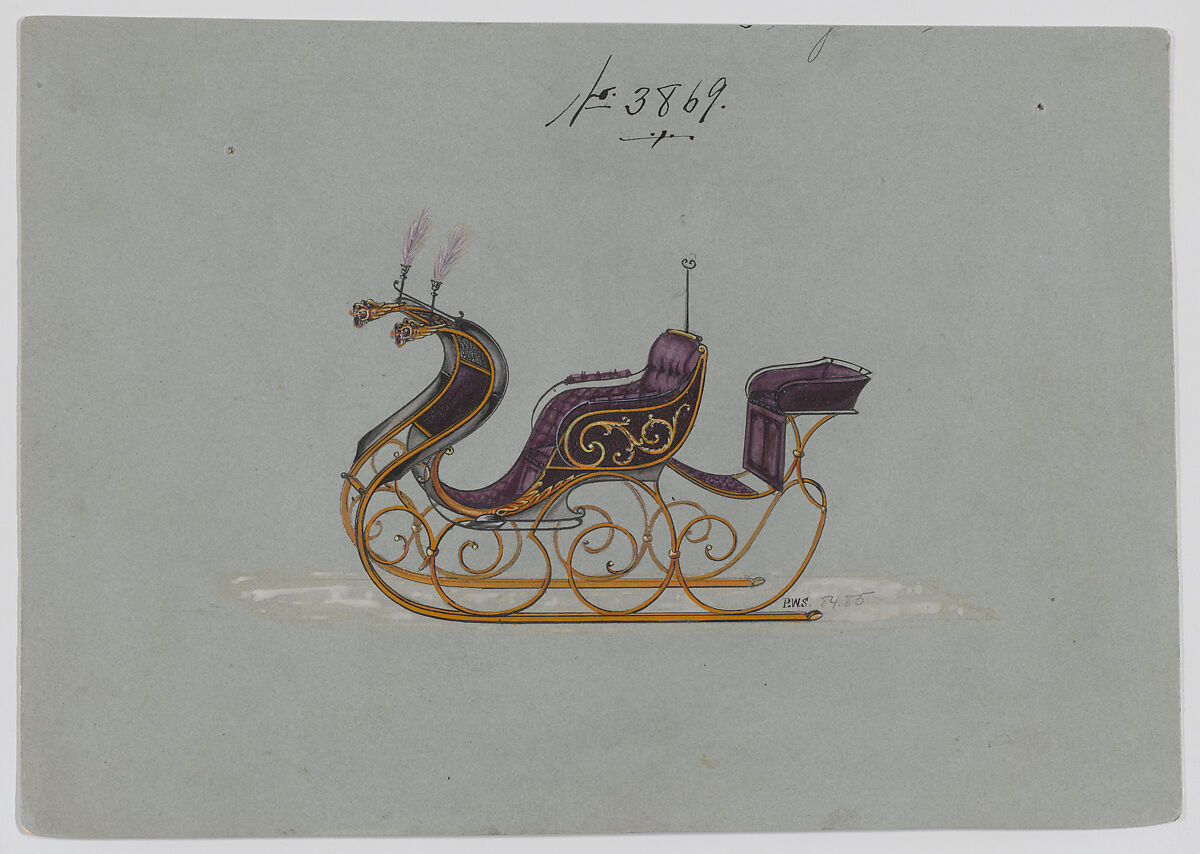 Design for Rumble Sleigh, no. 3869, Brewster &amp; Co. (American, New York), Pen and black ink watercolor and gouache with gum arabic 