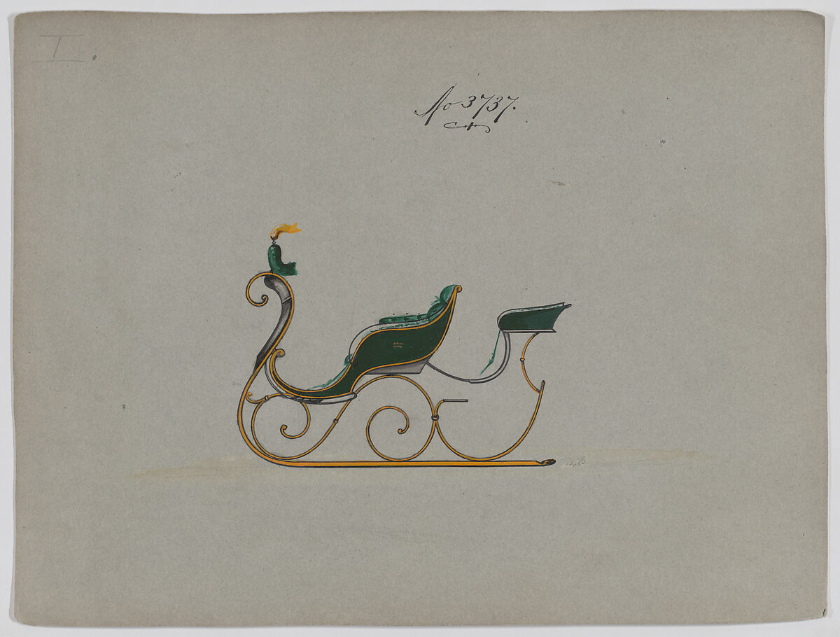 Design for Rumble Sleigh, no. 3737, Brewster &amp; Co. (American, New York), Pen and black ink watercolor and gouache with gum arabic 