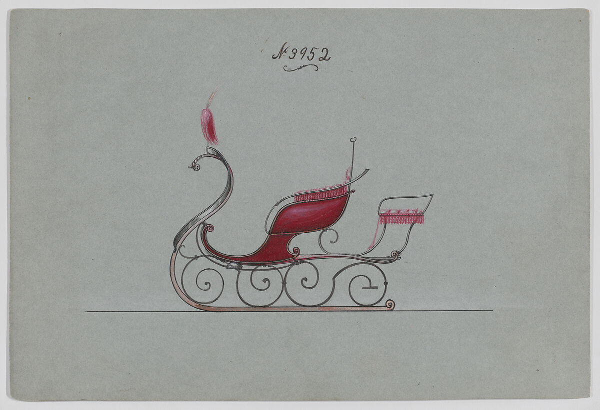 Design for Rumble Sleigh, no. 3952, Brewster &amp; Co. (American, New York), Oen and black ink watercolor and gouache with gum arabic 