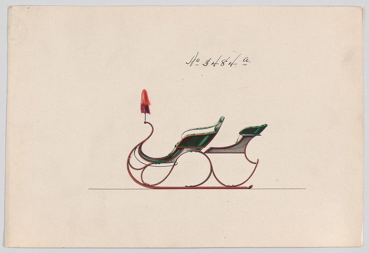 Design for Rumble Sleigh, no. 3484a, Brewster &amp; Co. (American, New York), Pen and black ink watercolor and gouache with gum arabic 