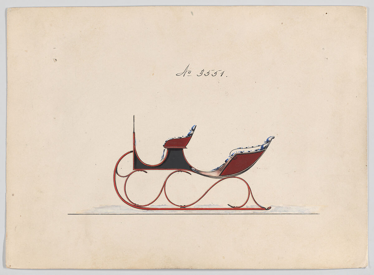 Design for Victoria Sleigh, no. 3551, Brewster &amp; Co. (American, New York), Pen and black ink, watercolor and gouache with gum arabic. 