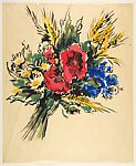 Design for a Scarf:  Bouquet of Three Poppies, Daisies, and Cornflowers