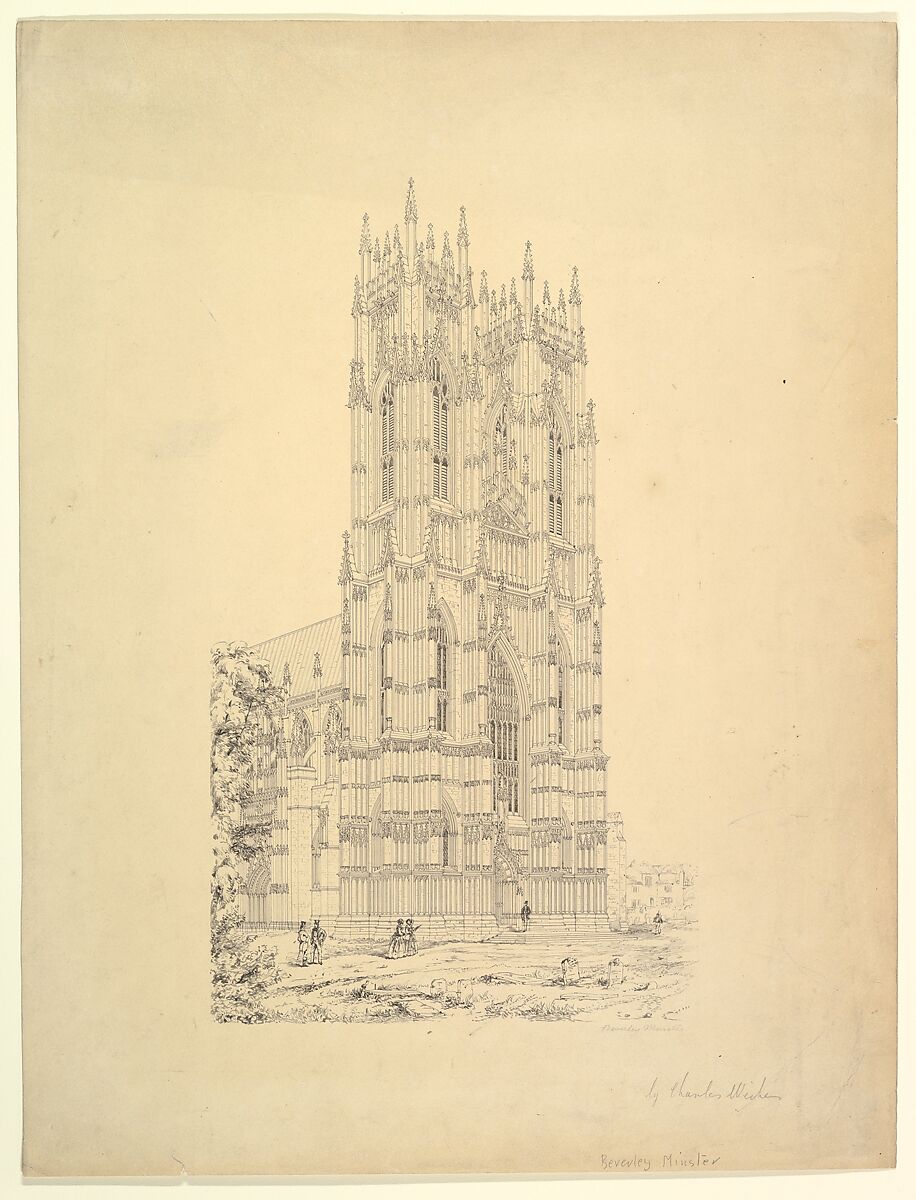 The Beverley Minster, Yorkshire, England, Perspective View of the West Facade, Charles Wickes (British, active 1853–59), Pen and black ink 