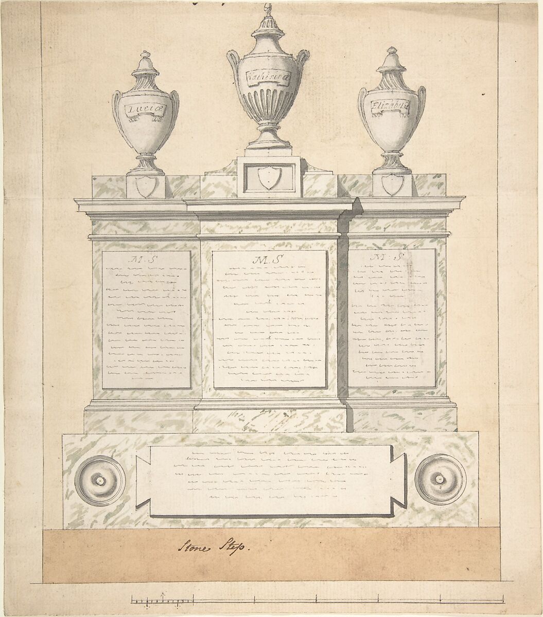 Design for a Monument to the Three Wives of the First Earl of Guilford, at Wroxton, Oxfordshire, Joseph Wilton (British, London 1722–1803 London), Pen and ink, brush and wash, watercolor 