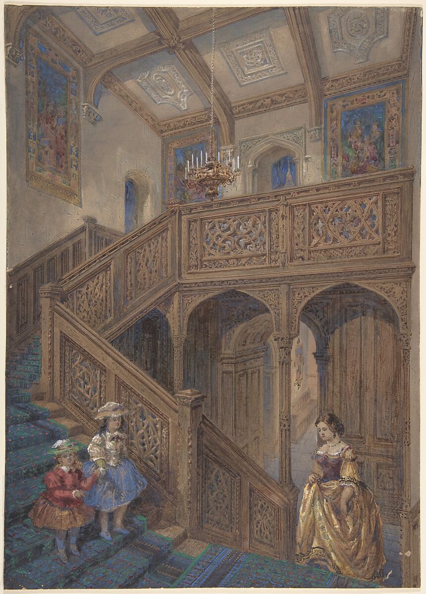 Design for a Jacobean-style Staircase (recto); Architectural Element Design (verso), Matthew Digby Wyatt (British, Rowde, Wiltshire 1820–1877 Cowbridge, South Glamorgan), Watercolor, pen and brown ink, graphite, touches of gouache (bodycolor) 