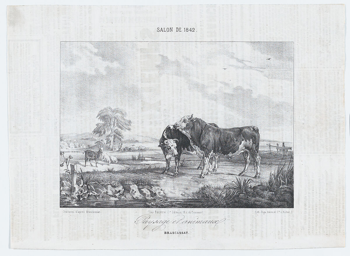 Salon of 1842:  Landscape with Animals, Jules-Robert-Pierre-Joseph Challamel (French, Paris 1813–1863), Lithograph 