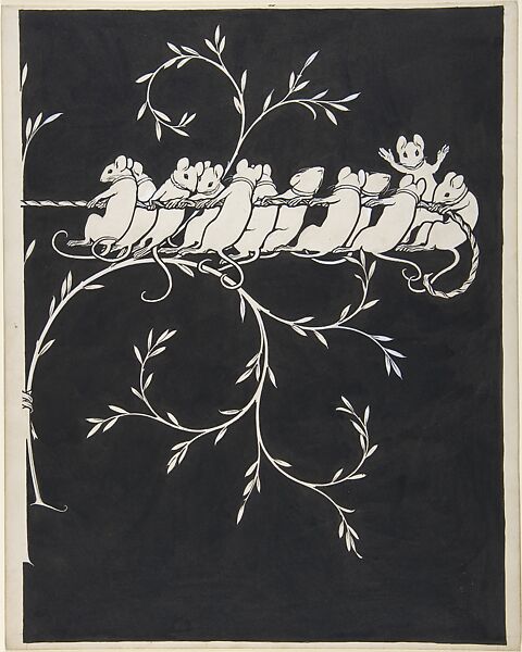 Mice Playing Tug of War―endpaper design, Paul Vincent Woodroffe (British (born India), Madras 1875–1954 Eastbourne), Pen black ink, brush and wash 
