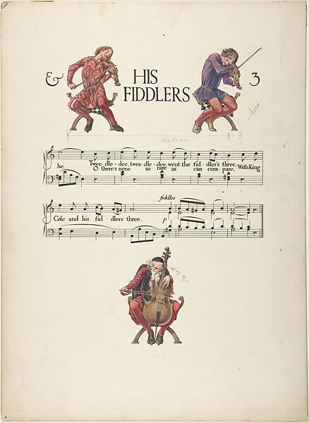"His Fiddlers 3"―page design, Paul Vincent Woodroffe (British (born India), Madras 1875–1954 Eastbourne), Pen and black ink, watercolor and graphite 