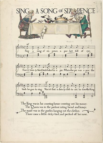 "Sing A Song of Six Pence"―page design, Paul Vincent Woodroffe (British (born India), Madras 1875–1954 Eastbourne), Pen and black ink,  watercolor and graphite 