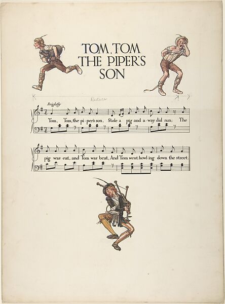 "Tom, Tom the Piper's Son"―page design, Paul Vincent Woodroffe (British (born India), Madras 1875–1954 Eastbourne), Pen and black ink, watercolor and graphite 