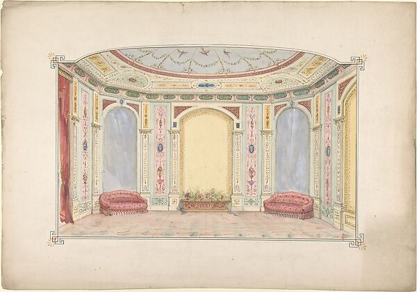 Design for a Room Decorated as an Aviary, John Dibblee Crace (British, London 1838–1919 London), Watercolor, pen and ink, graphite, gouache (bodycolor), and gilt 