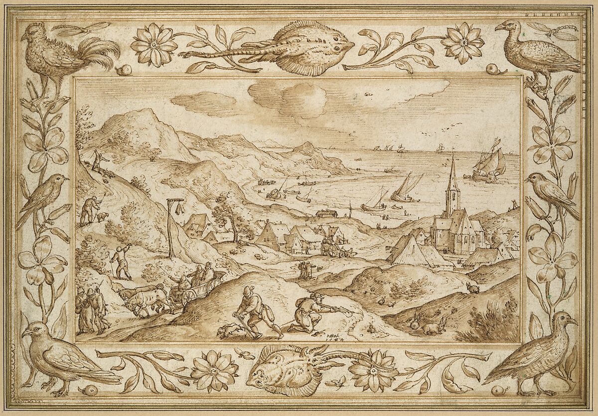 Hilly Coastal Landscape with Hunters, with an elaborate border of Fishes and Birds, Hans Bol (Netherlandish, Mechelen 1534–1593 Amsterdam), Pen and brown ink, brush and brown wash