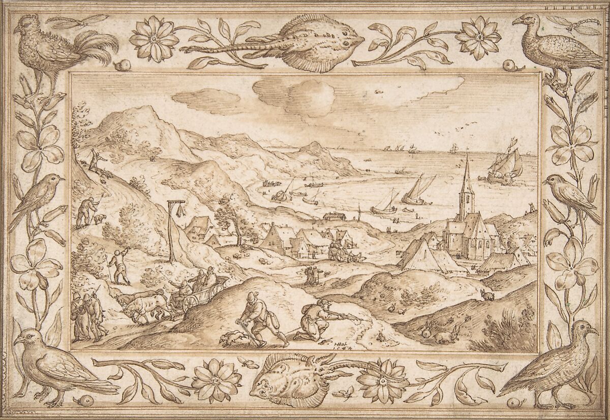 Hilly Coastal Landscape with Hunters, with an elaborate border of Fishes and Birds, Hans Bol (Netherlandish, Mechelen 1534–1593 Amsterdam), Pen and brown ink, brush and brown wash 