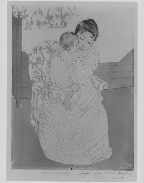 Maternal Caress, Mary Cassatt (American, Pittsburgh, Pennsylvania 1844–1926 Le Mesnil-Théribus, Oise), Drypoint, aquatint and softground etching, printed in color from three plates; sixth state of six (Mathews & Shapiro)