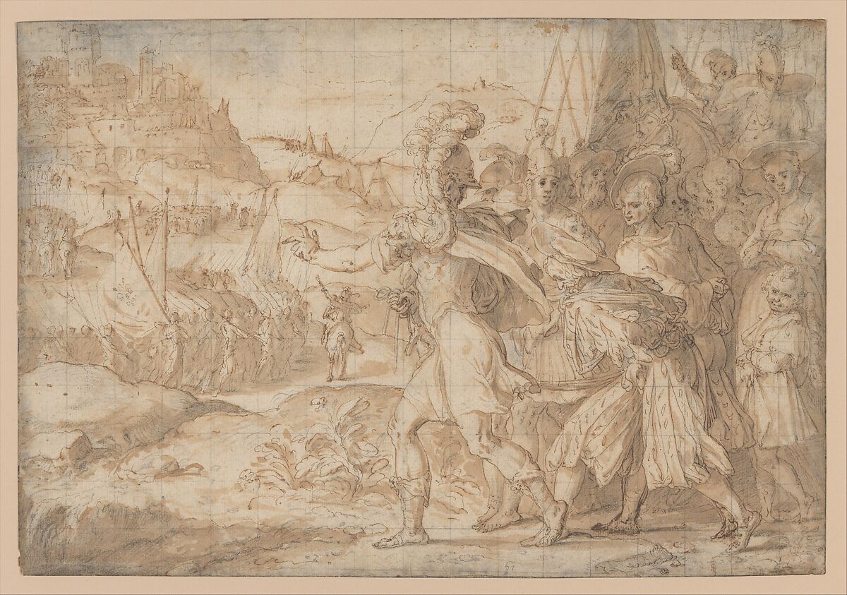 The Siege of Fiesole by the Goths, Friedrich Sustris (Netherlandish (possibly born Italy), Venice (?) ca. 1540–1599 Munich), Black chalk, pen and brown ink, and brown wash, squared in black chalk; framing line in brown ink 