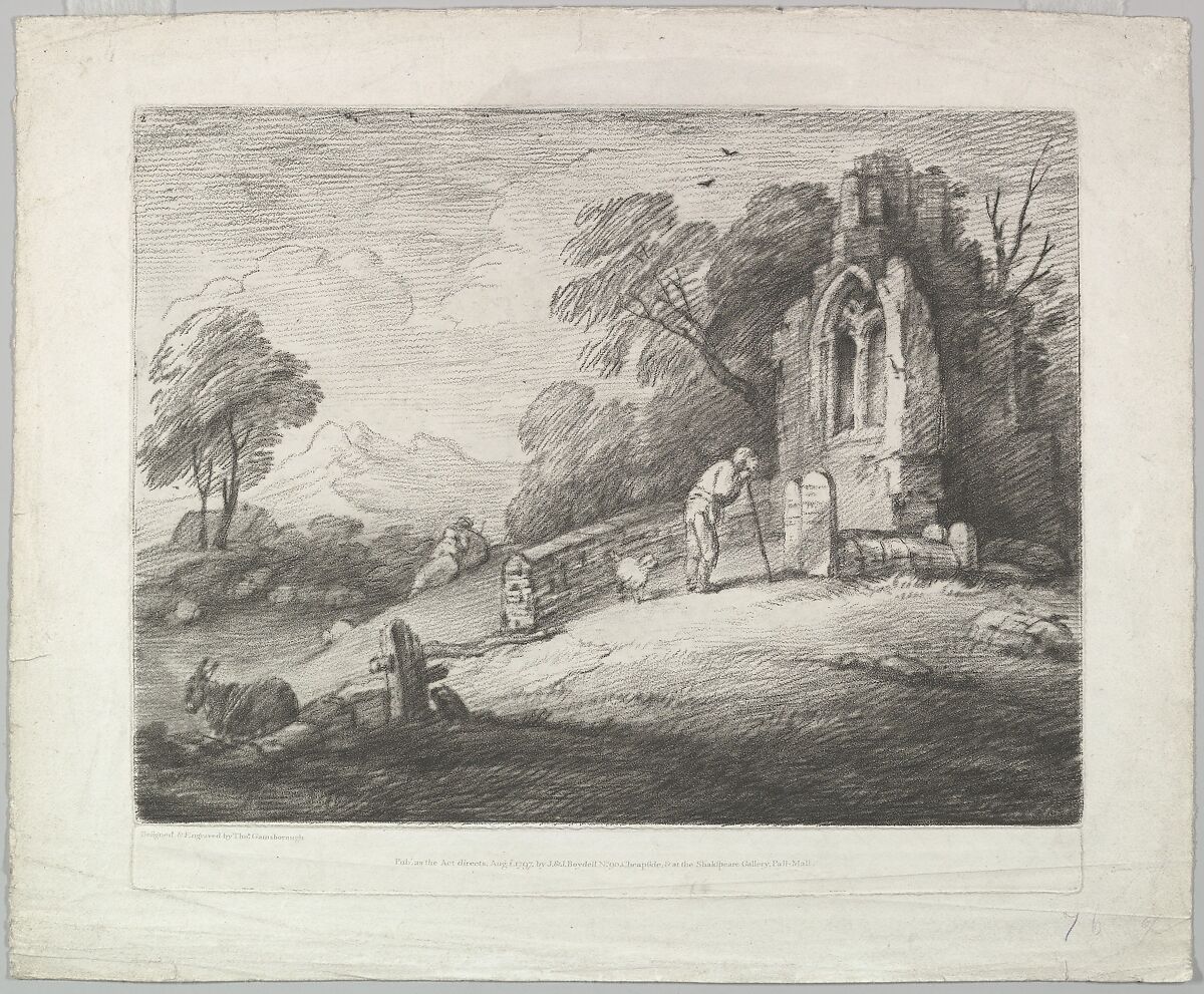 Wooded Landscape with a Peasant Reading a Tombstone, Rustic Lovers and a Ruined Church, Thomas Gainsborough (British, Sudbury 1727–1788 London), Soft-ground etching; third state 