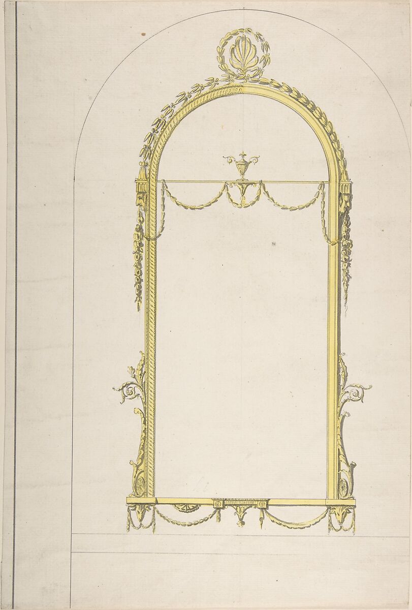 Design for a Pier-glass with Arched Head and Palmette Terminations, Sir William Chambers (British (born Sweden), Göteborg 1723–1796 London), Pen and ink, brush and wash and watercolor 