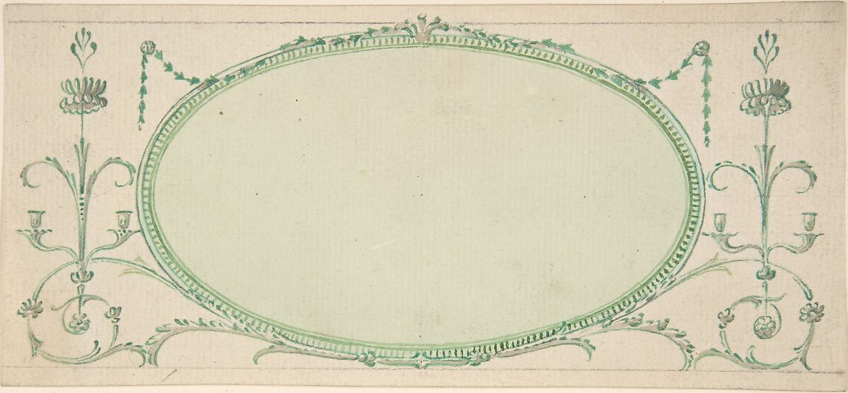 Design for a Mirror in the Form of a Horizontal Oval, Elevation, James Wyatt (British, Weeford, Staffordshire 1746–1813 near Marlborough, Wiltshire), Pen and ink, brush and wash, watercolor 