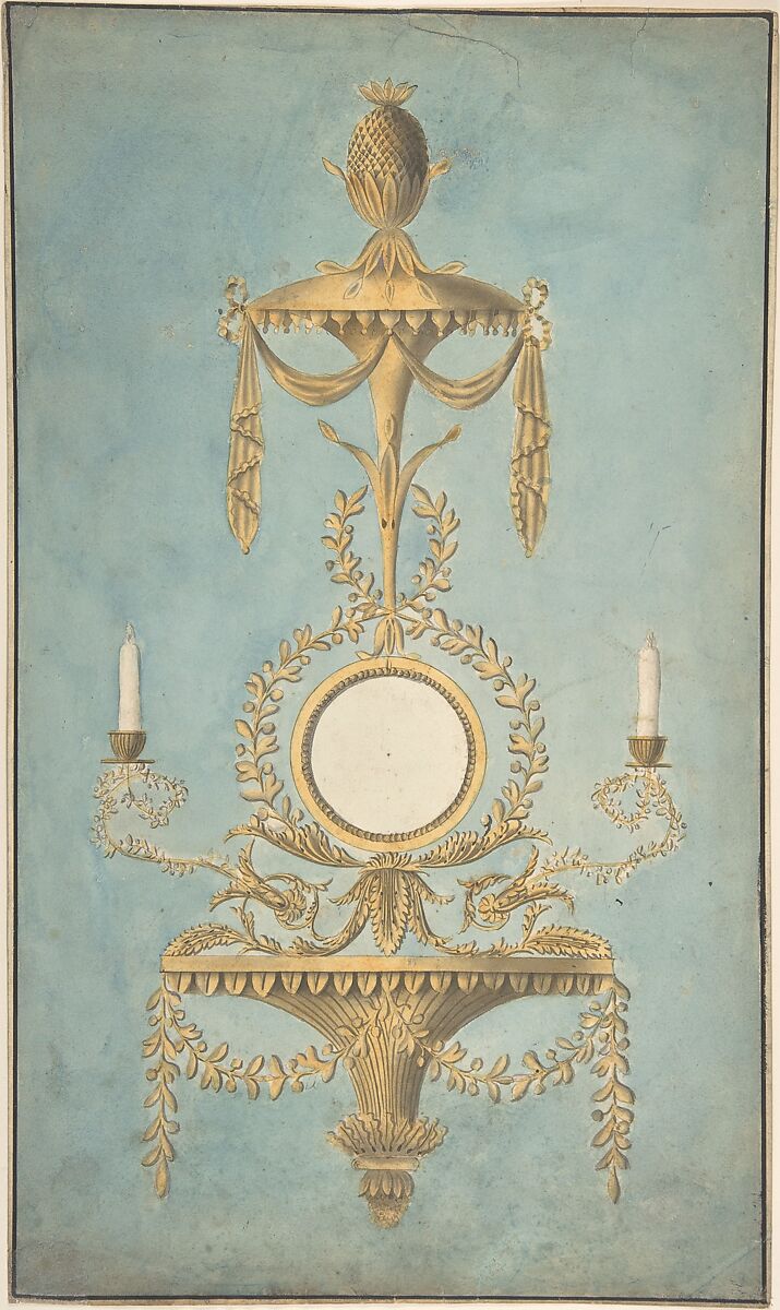 Design for a Sconce with a Mirror, John Yenn (British, London (?) 1750–1821 London), Pen and ink, watercolor 