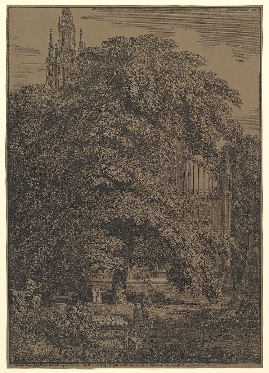 Gothic Church Hidden by a Tree, Karl Friedrich Schinkel (German, Neuruppin 1781–1841 Berlin), Lithograph with white heightening printed on brown paper 