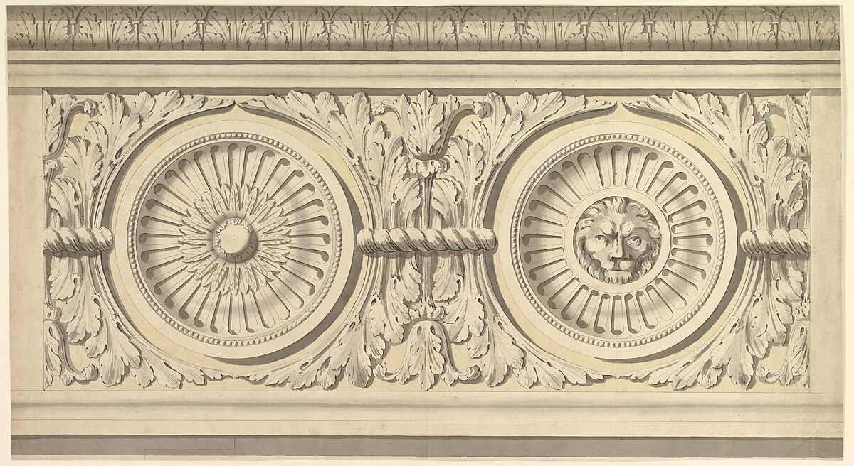 Design for a Frieze, Ornamented with Lion's Head Paterae, John Yenn (British, London (?) 1750–1821 London), Pen and ink, brush and gray wash 