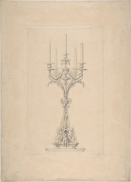 Design for a Five Branched Candlestick Supported by Putti, Anonymous, British, late 19th to early 20th century, Brush and wash, over graphite 