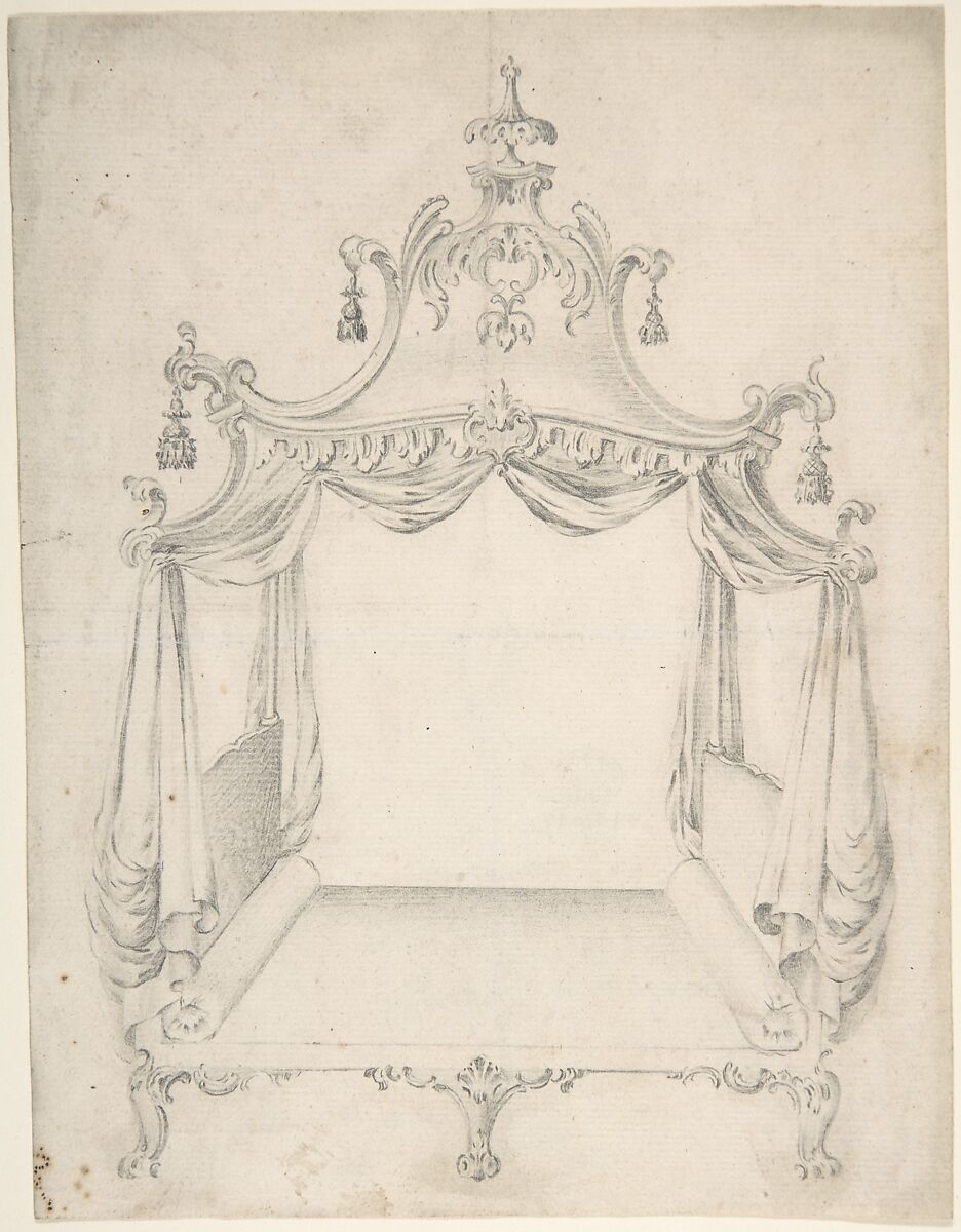 Design for a Four-poster Bed with Hangings, Anonymous, British, 18th century, Graphite 