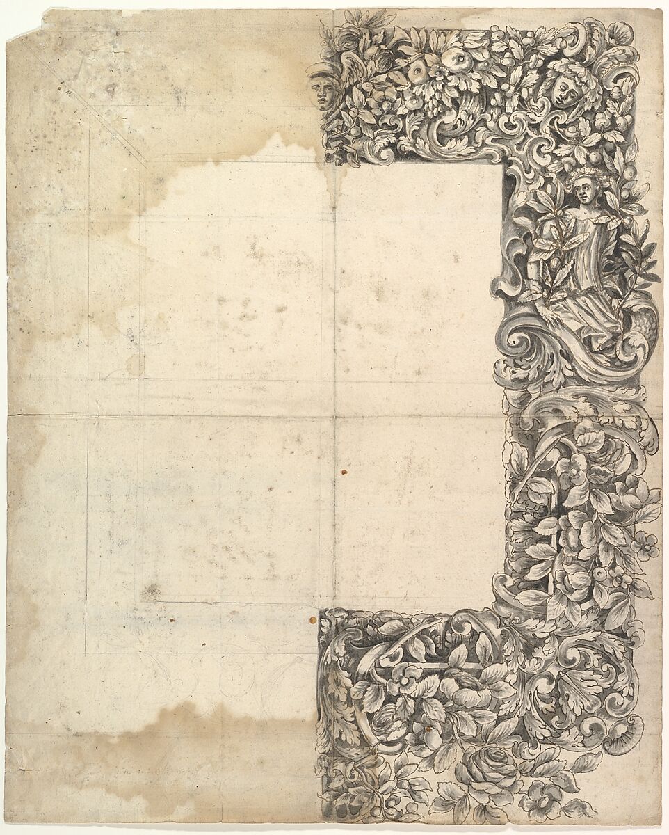 Design for a Carved Mirror Frame (right side only), Anonymous, British, 17th century, Pen and ink, brush and wash 