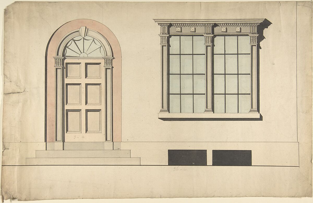 Design for an Exterior Doorway and Window, Anonymous, British, early 19th century, Pen and ink, brush and wash, watercolor 