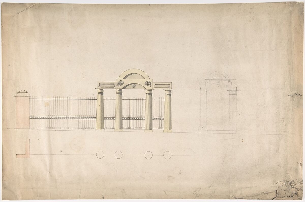 Design for a Greek Revival Entrance Screen, Elevation, Anonymous, British, early 19th century, Pen and ink, brush and wash, watercolor 