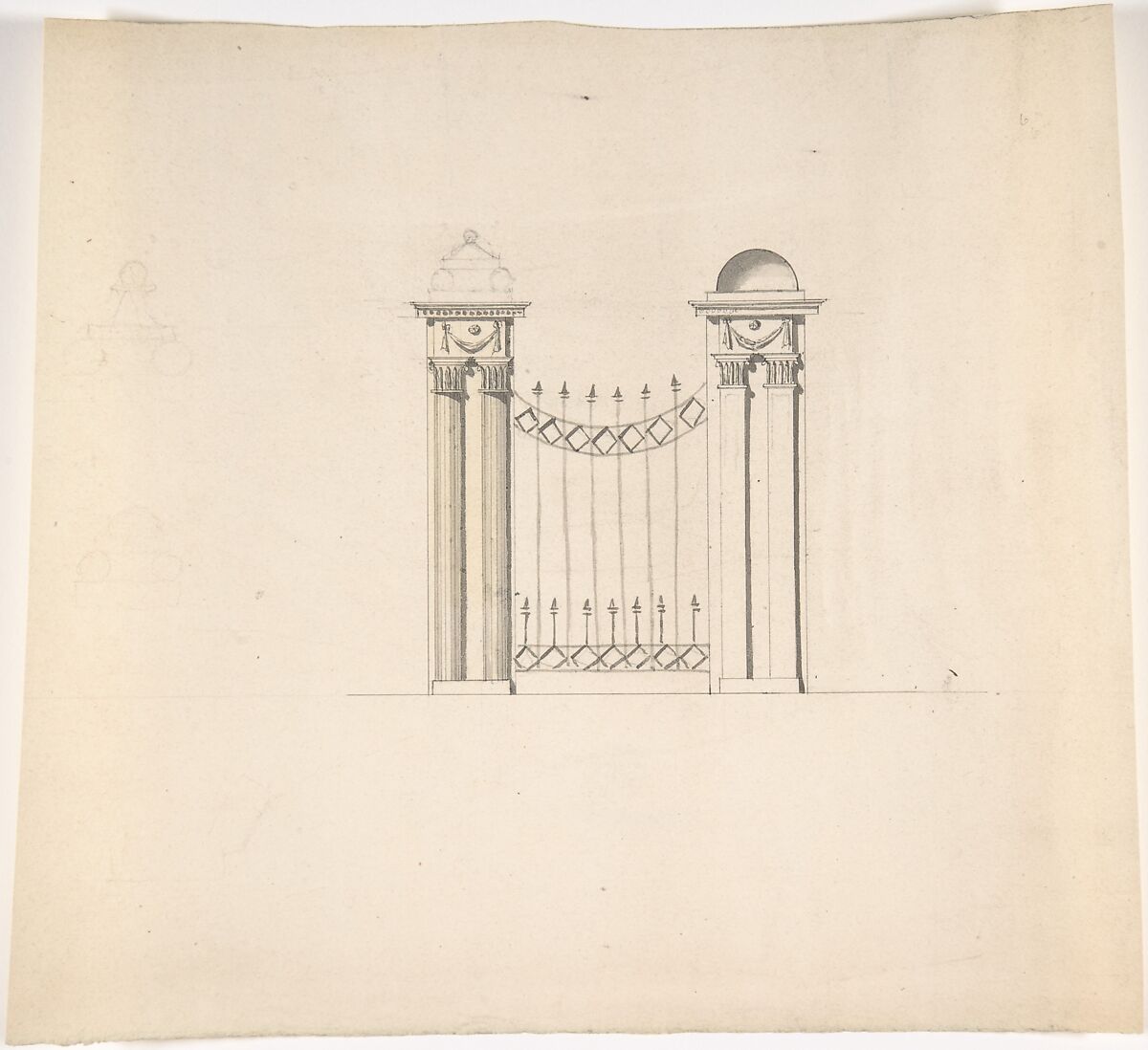 Design for Gate Piers with Paired Pilasters and Domed Caps, and a Gate, Anonymous, British, 18th century, Pen and ink, brush and wash 