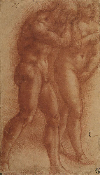 Adam and Eve after Masaccio (recto); Figures running for the Battle of Cascina (verso), Michelangelo Buonarroti (Italian, Caprese 1475–1564 Rome), Red chalk (recto); pen and brown ink (verso) 
