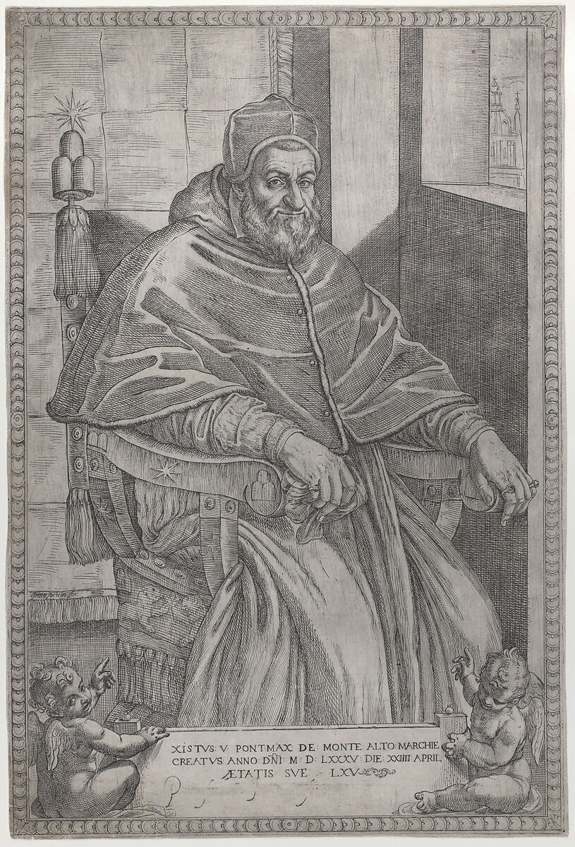 Portrait of Pope Sixtus V, Pietro Facchetti (Italian, Mantua 1535–1619 Rome), Etching and engraving 