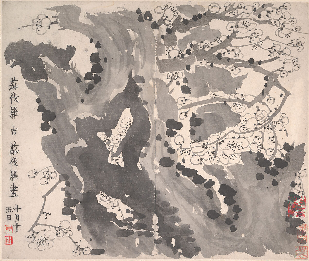 Plum blossoms, Jin Nong (Chinese, 1687–1773), Album of twelve leaves; ink on paper, China