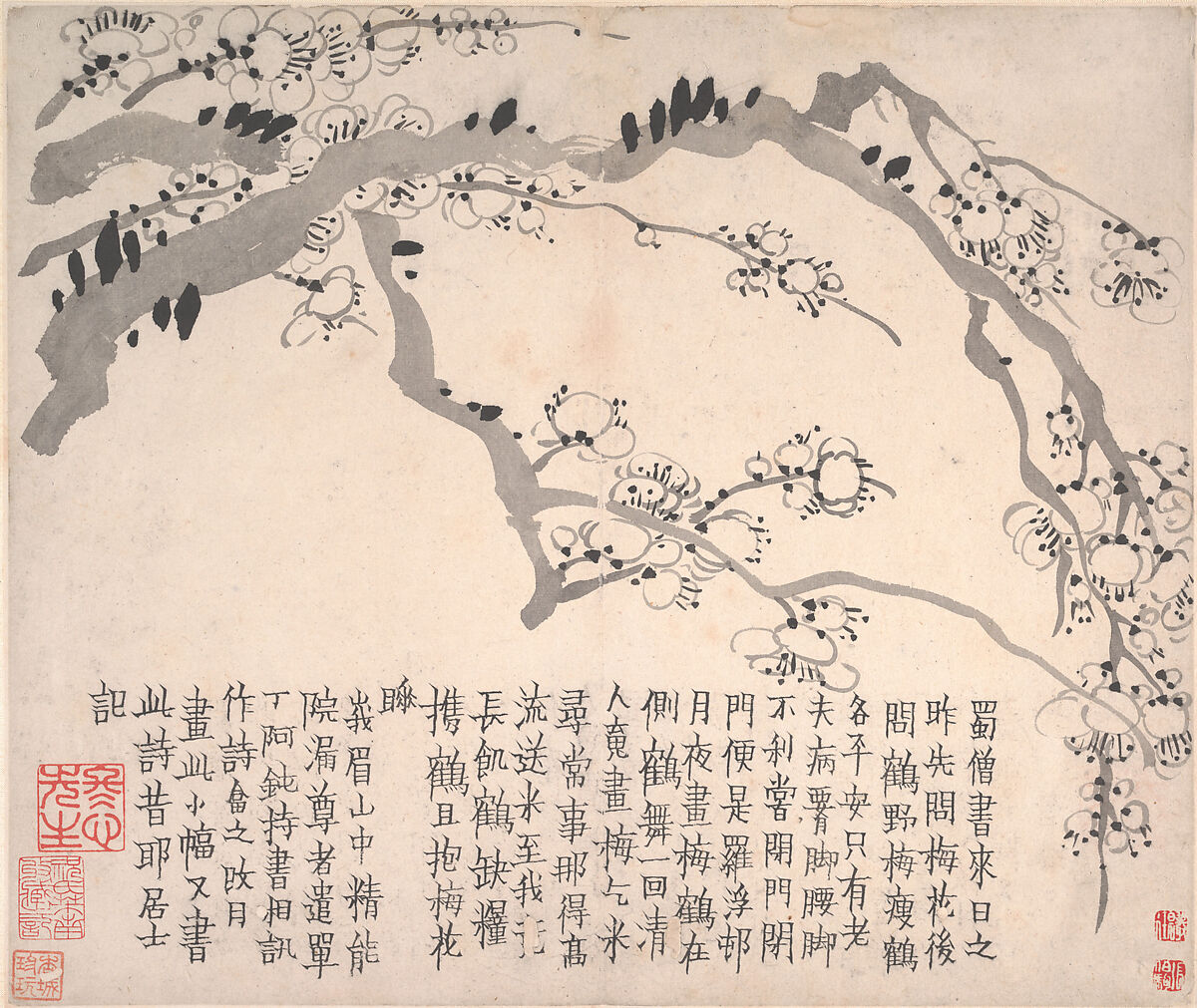 Plum blossoms, Jin Nong (Chinese, 1687–1773), Album of twelve leaves; ink on paper, China