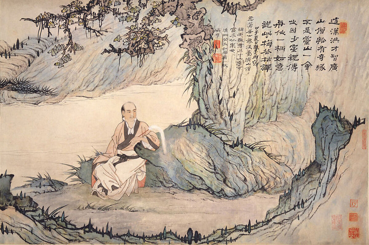 Portrait of Ren'an in a Landscape, Shitao (Zhu Ruoji) (Chinese, 1642–1707), Handscroll; ink and color on paper, China 