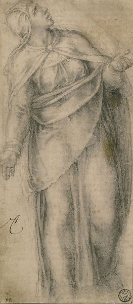 The Virgin at the Foot of the Cross (recto); The Same Figure Traced Through (verso), Michelangelo Buonarroti (Italian, Caprese 1475–1564 Rome), Black chalk (recto and verso) 
