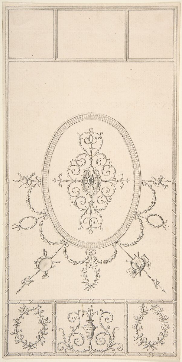 Design for a Ceiling, Style of Robert Adam (British, Kirkcaldy, Scotland 1728–1792 London), Pen and black ink, brush and gray wash 