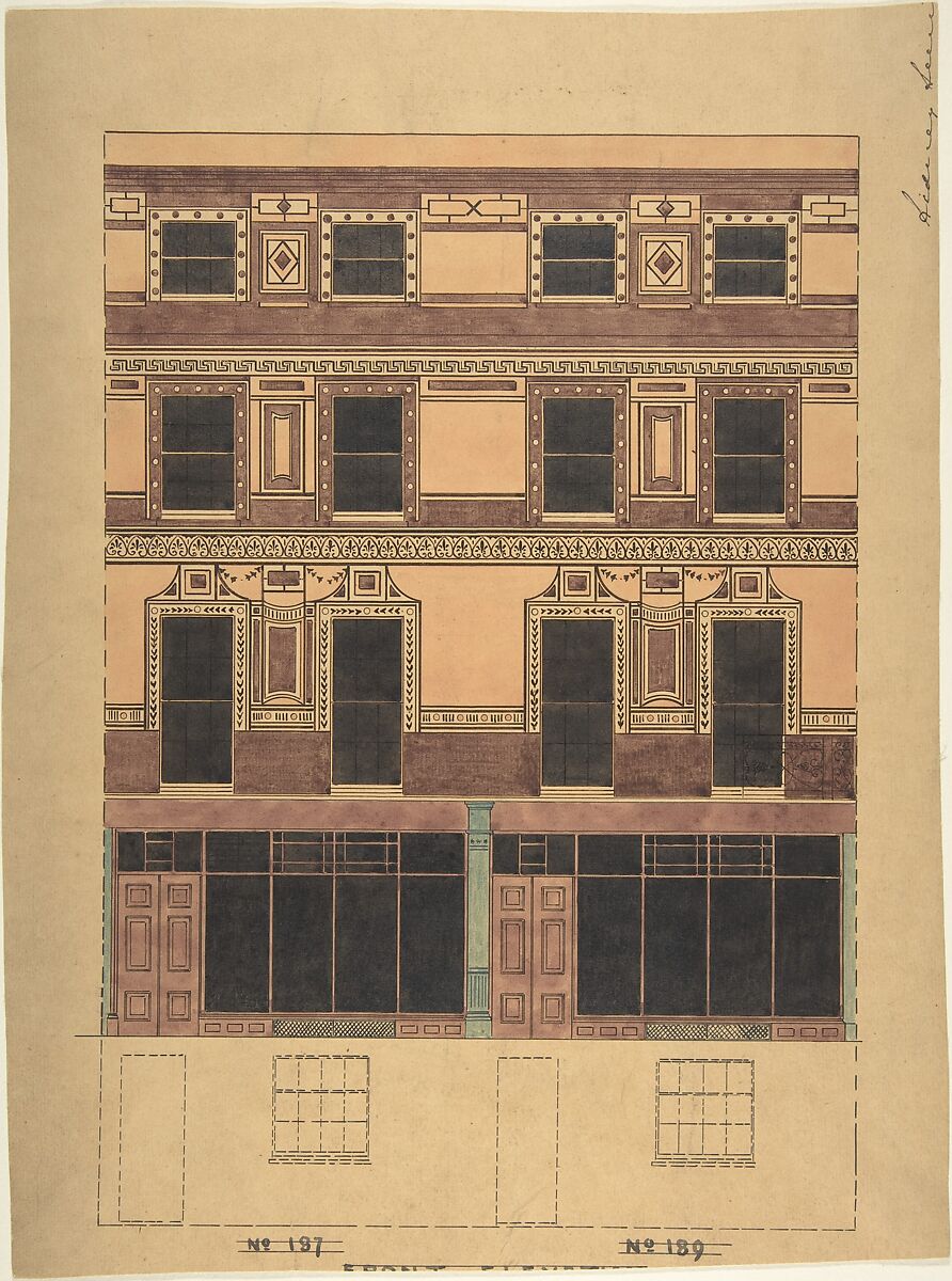 Vertical Section of a Four-Story House with Greek Wall Ornament, Anonymous, British, 19th century, Watercolor, pen and ink 